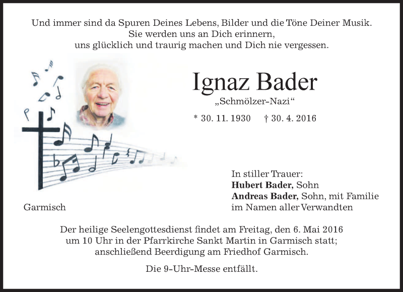  Traueranzeige für Ignaz Bader vom 03.05.2016 aus merkurtz