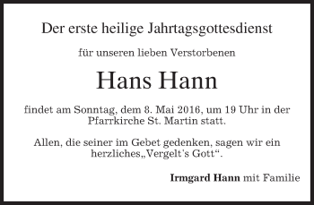 Traueranzeige von Hans Hann von merkurtz