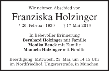 Traueranzeige von Franziska Holzinger von merkurtz