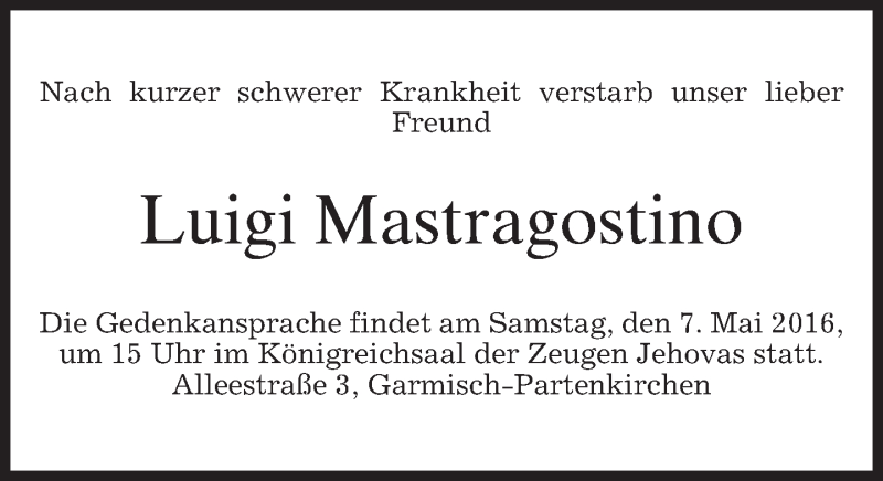  Traueranzeige für Luigi Mastragostino vom 06.05.2016 aus merkurtz