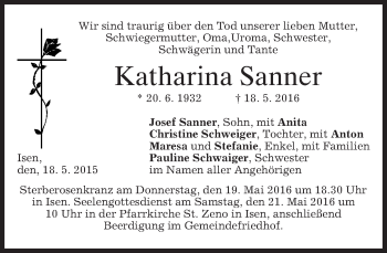 Traueranzeige von Katharina Sanner von merkurtz