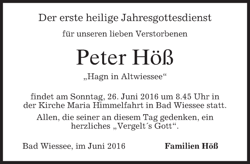  Traueranzeige für Peter Höß vom 24.06.2016 aus merkurtz