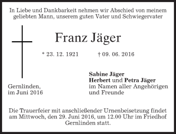 Traueranzeige von Franz Jäger von merkurtz