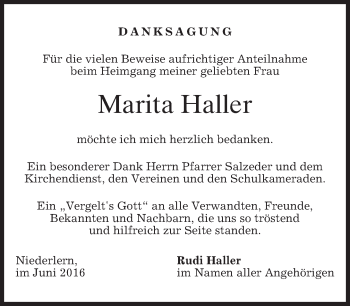 Traueranzeige von Marita Haller von merkurtz