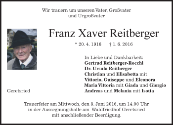 Traueranzeige von Franz Xaver Reitberger von merkurtz