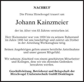 Traueranzeige von Johann Kainzmeier von merkurtz