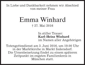 Traueranzeige von Emma Winhard von merkurtz