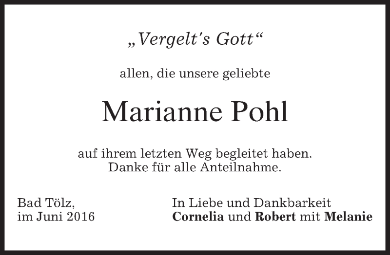  Traueranzeige für Marianne Pohl vom 25.06.2016 aus merkurtz