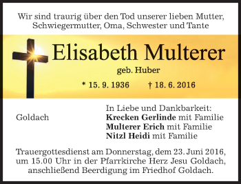 Traueranzeige von Elisabeth Multerer von merkurtz