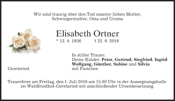 Traueranzeige von Elisabeth Ortner von merkurtz