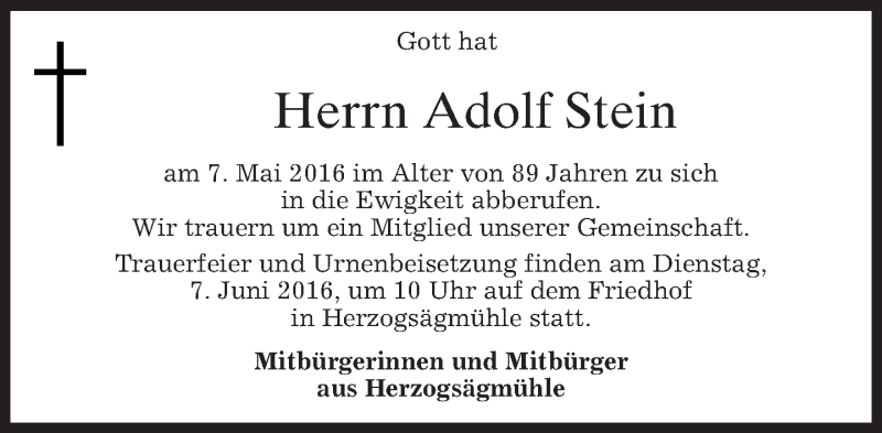  Traueranzeige für Adolf Stein vom 03.06.2016 aus merkurtz