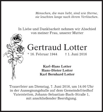 Traueranzeige von Gertraud Lotter