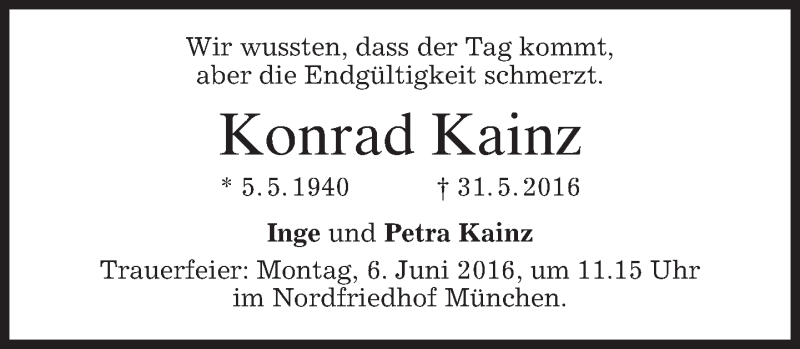  Traueranzeige für Konrad Kainz vom 04.06.2016 aus merkurtz