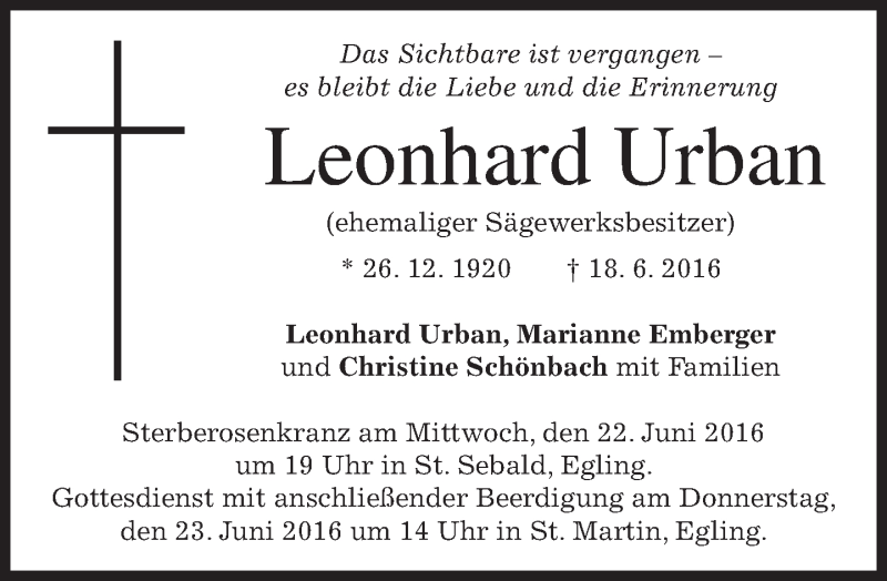  Traueranzeige für Leonhard Urban vom 21.06.2016 aus merkurtz