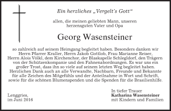 Traueranzeige von Georg Wasensteiner von merkurtz
