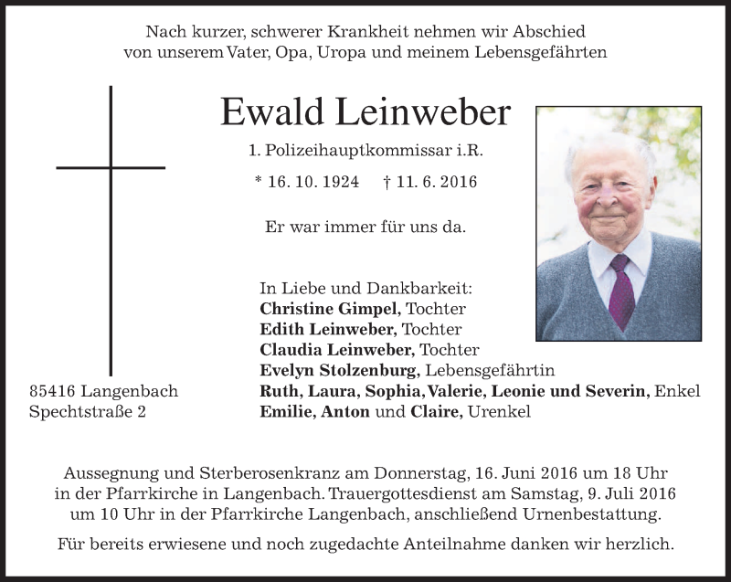  Traueranzeige für Ewald Leinweber vom 14.06.2016 aus merkurtz