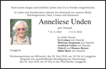 Traueranzeige von Anneliese Unden von merkurtz