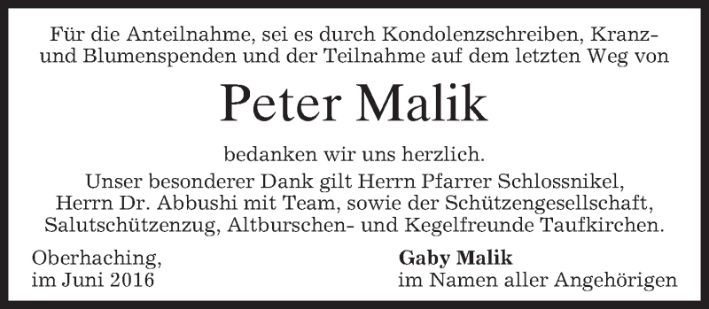  Traueranzeige für Peter Malik vom 04.06.2016 aus merkurtz