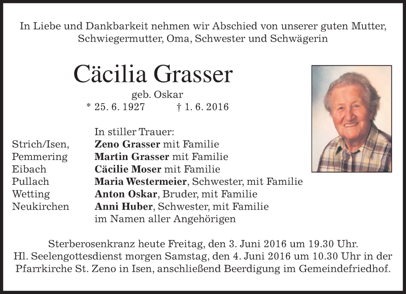  Traueranzeige für Cäcilia Grasser vom 03.06.2016 aus merkurtz
