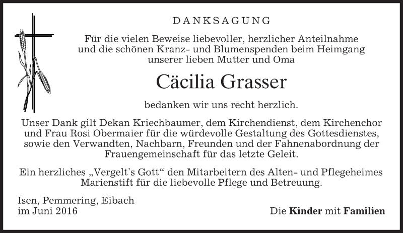  Traueranzeige für Cäcilia Grasser vom 18.06.2016 aus merkurtz