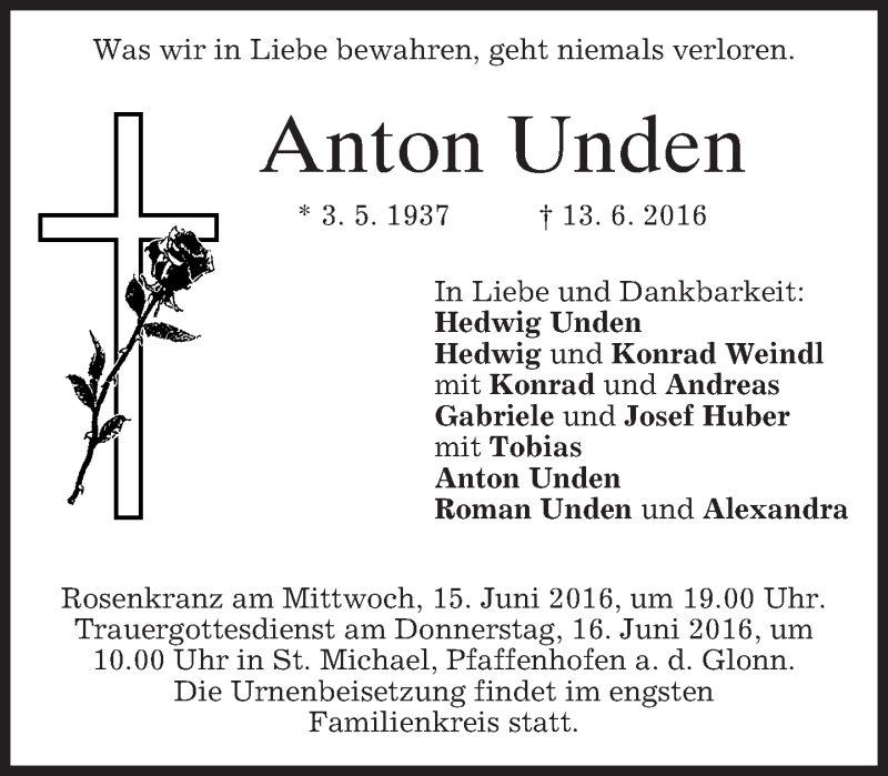  Traueranzeige für Anton Unden vom 15.06.2016 aus merkurtz