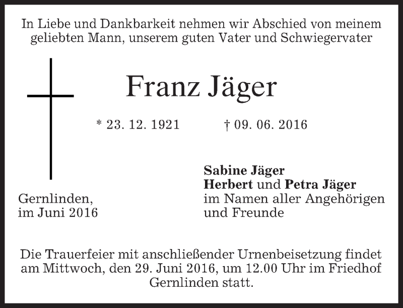  Traueranzeige für Franz Jäger vom 25.06.2016 aus merkurtz