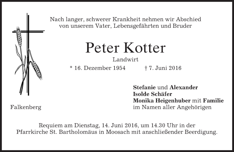  Traueranzeige für Peter Kotter vom 11.06.2016 aus merkurtz