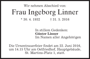 Traueranzeige von Ingeborg Linner von merkurtz