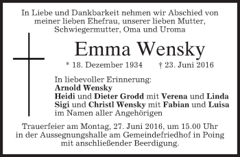 Traueranzeige von Emma Wensky