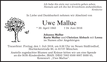 Traueranzeige von Uwe Mallue von merkurtz