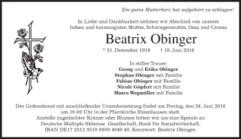 Traueranzeige von Beatrix Obinger von merkurtz