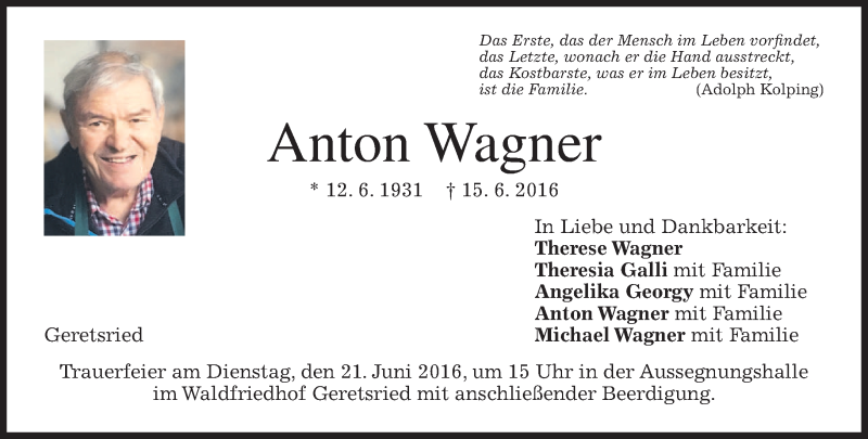  Traueranzeige für Anton Wagner vom 18.06.2016 aus merkurtz