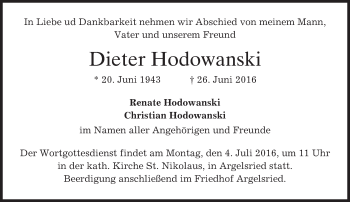 Traueranzeige von Dieter Hodowanski von merkurtz