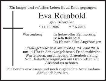 Traueranzeige von Eva Reinbold von merkurtz