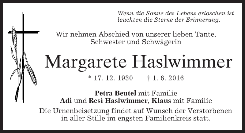  Traueranzeige für Margarete Haslwimmer vom 22.06.2016 aus merkurtz