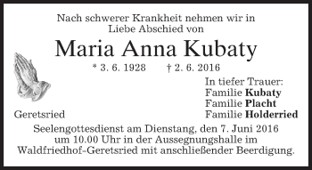 Traueranzeige von Maria Anna Kubaty von merkurtz