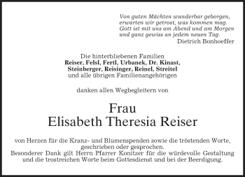 Traueranzeige von Elisabeth Theresia Reiser von merkurtz