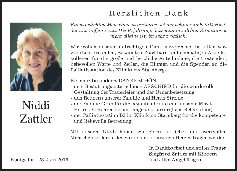  Traueranzeige für Niddi Zattler vom 25.06.2016 aus merkurtz