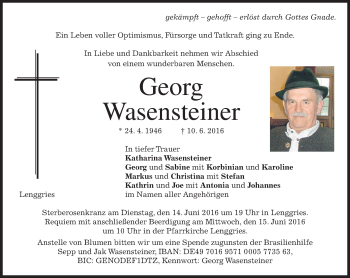 Traueranzeige von Georg Wasensteiner von merkurtz