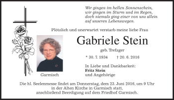 Traueranzeige von Gabriele Stein von merkurtz