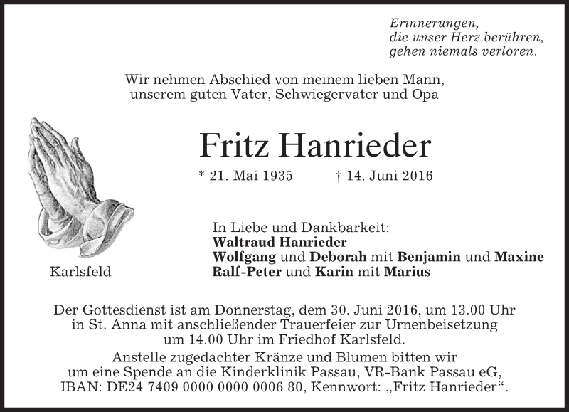  Traueranzeige für Fritz Hanrieder vom 25.06.2016 aus merkurtz