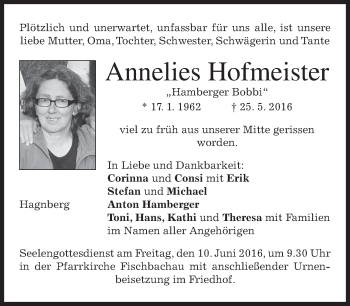 Traueranzeige von Annelies Hofmeister von merkurtz