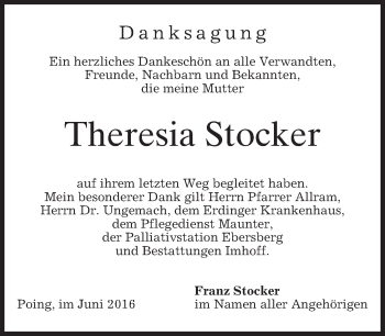 Traueranzeige von Theresia Stocker