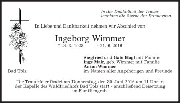 Traueranzeige von Ingeborg Wimmer von merkurtz