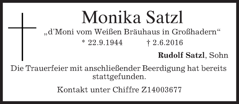  Traueranzeige für Monika Satzl vom 14.06.2016 aus merkurtz