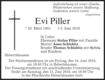 Traueranzeige von Evi Piller von merkurtz