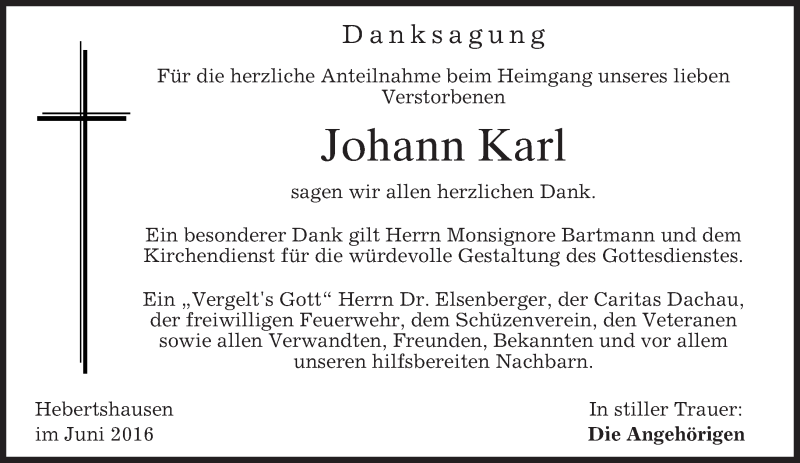  Traueranzeige für Johann Karl vom 11.06.2016 aus merkurtz