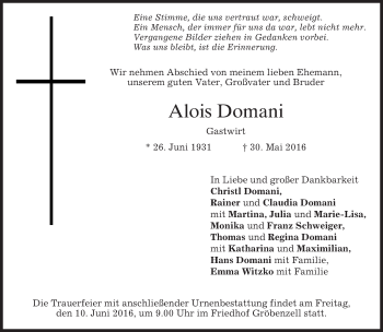 Traueranzeige von Alois Domani von merkurtz