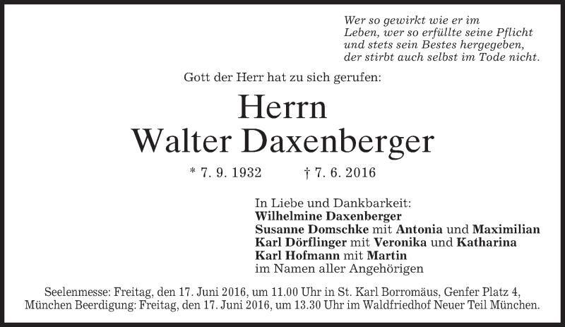  Traueranzeige für Walter Daxenberger vom 11.06.2016 aus merkurtz