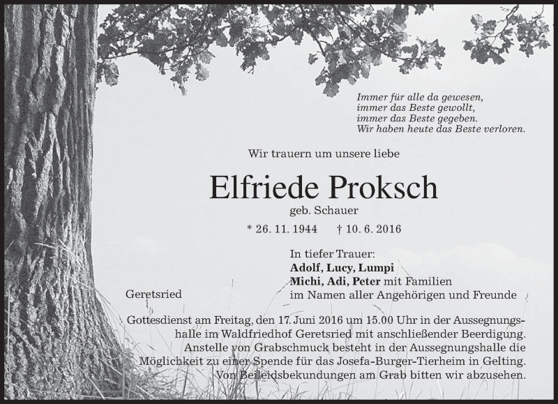  Traueranzeige für Elfriede Proksch vom 14.06.2016 aus merkurtz